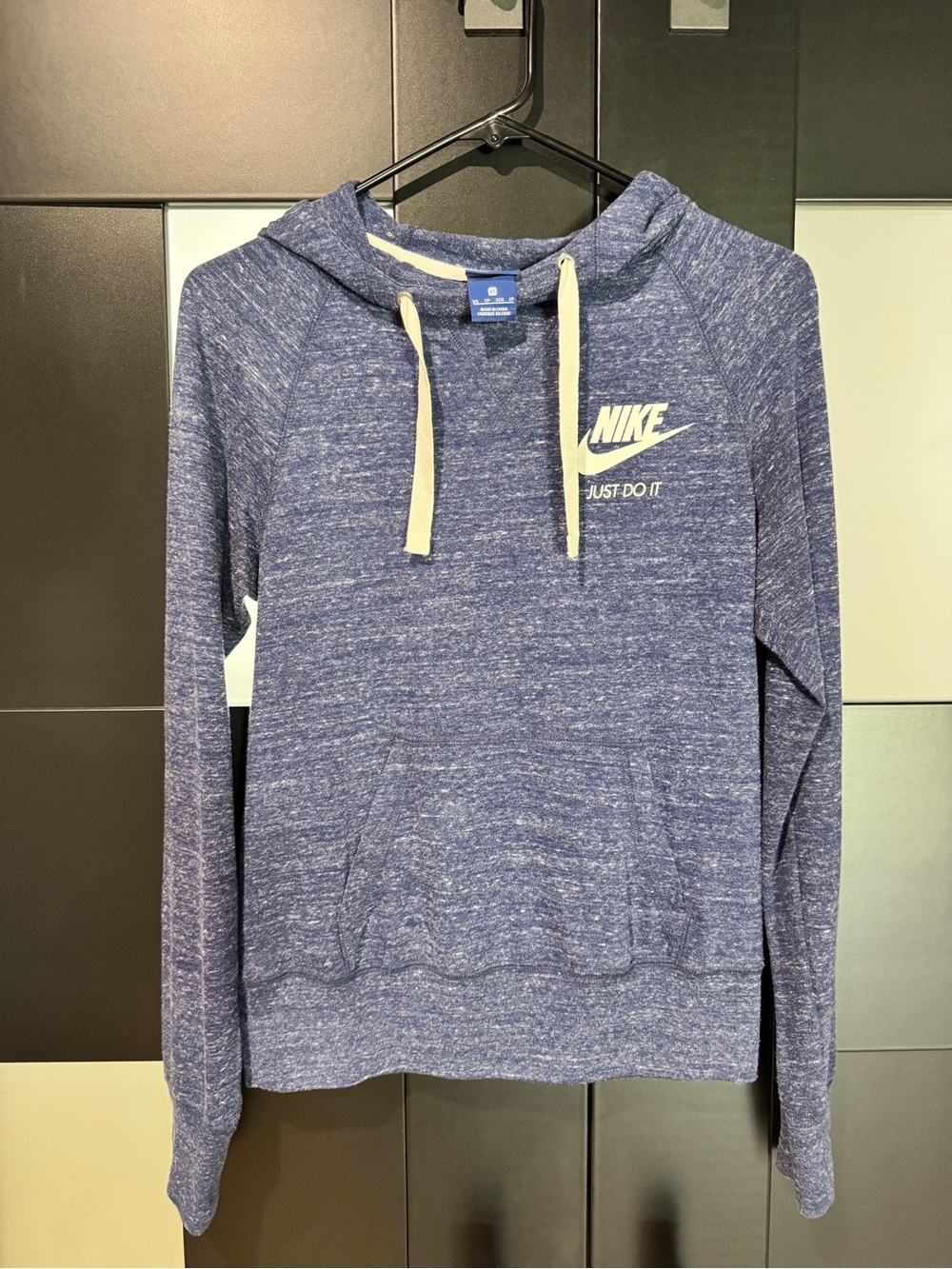 Nike Navy Marled Hoodie with White Swoosh and Cream Drawstrings